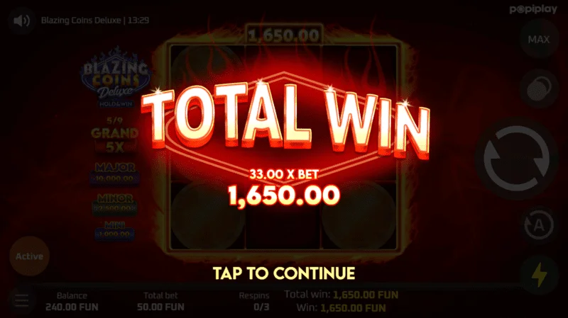 Blazing Coins Deluxe respin total win